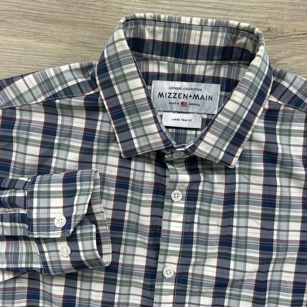 Mizzen+Main Leeward Shirt Mens Large Trim Fit Blue Red Green Plaid Button Down